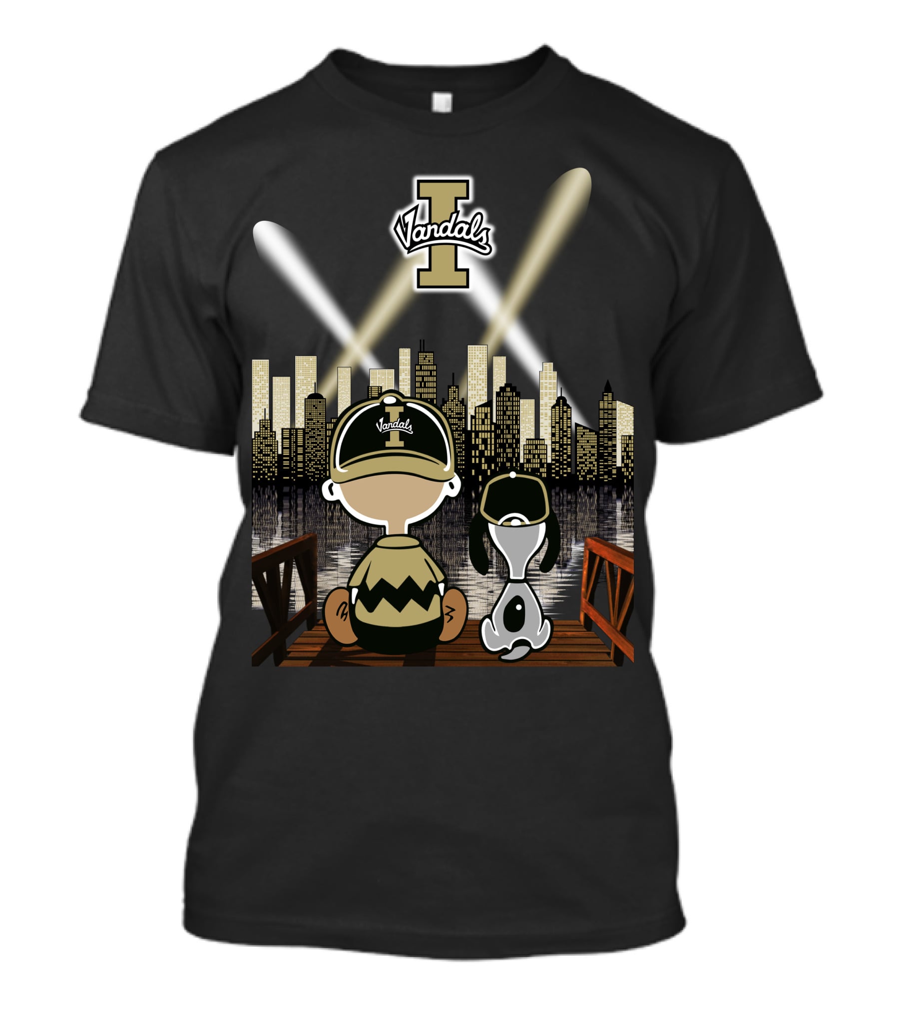 Vandals Idaho City Skyline At Night With Cartoon Characters T-Shirt