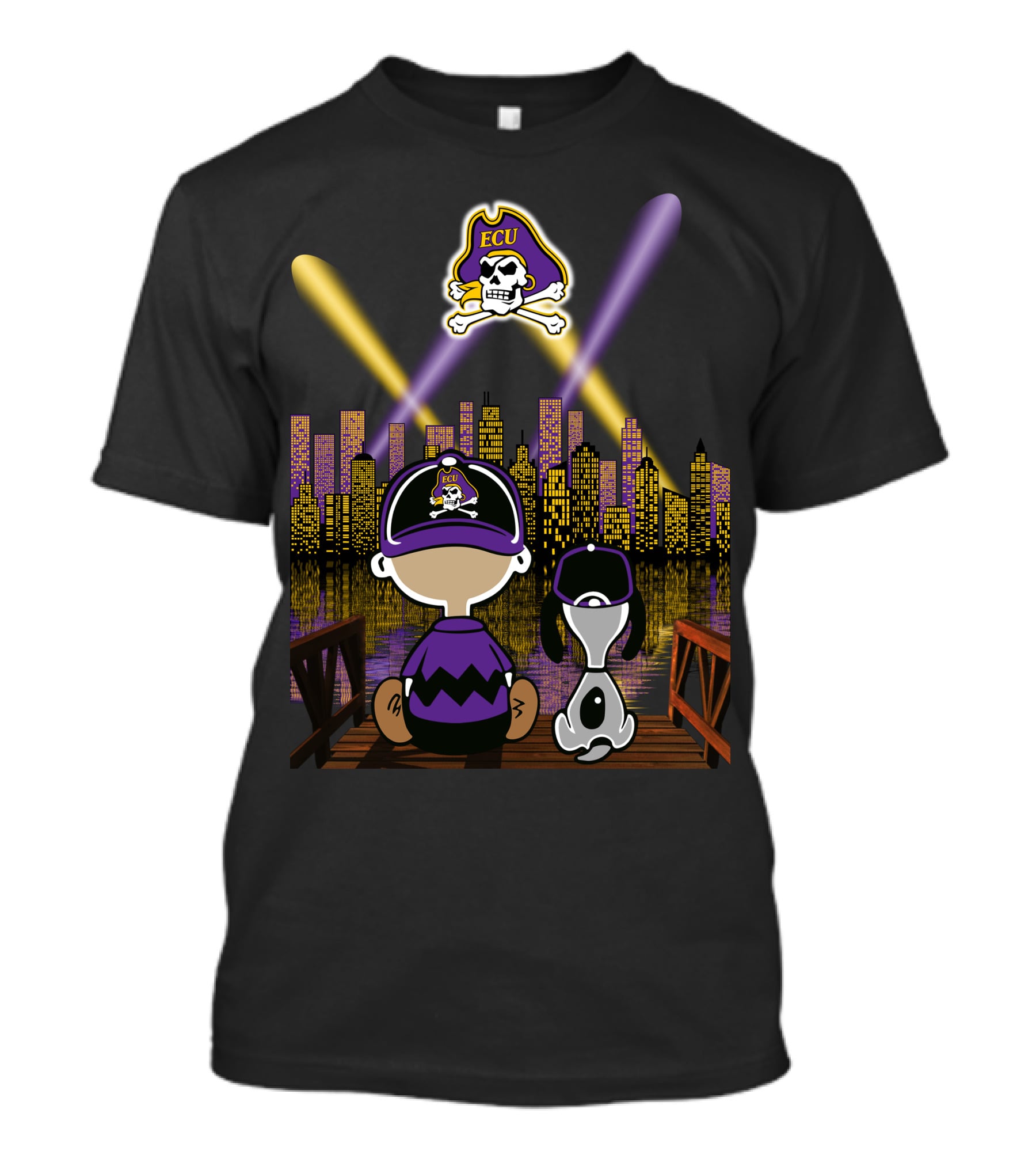 East Carolina Pirates Night Cityscape With Ecu Skull Logo And Characters T-Shirt