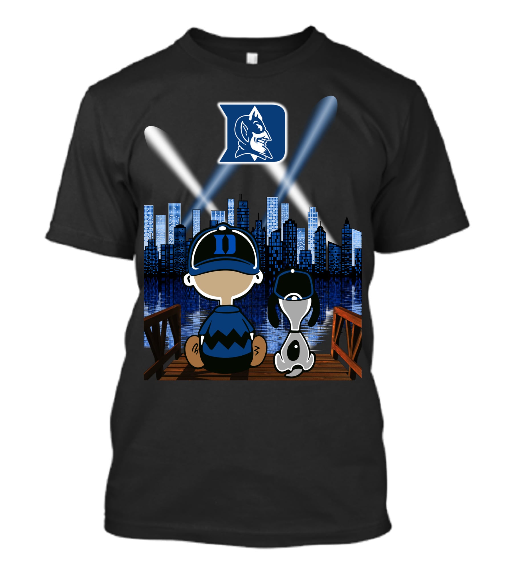Duke Blue Devils Skyline Night With Iconic Characters T-Shirt