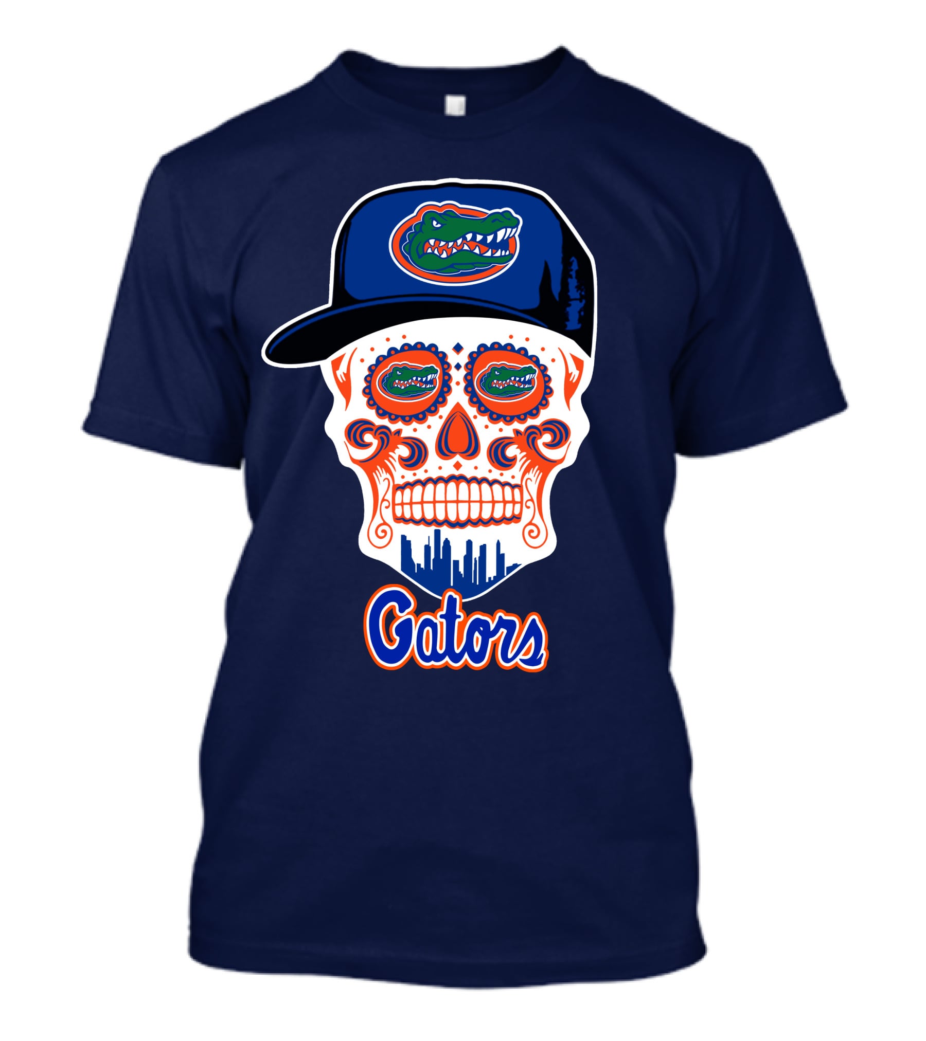 Florida Gators Skull With Alligator Logo And Hat Blue Orange T-Shirt