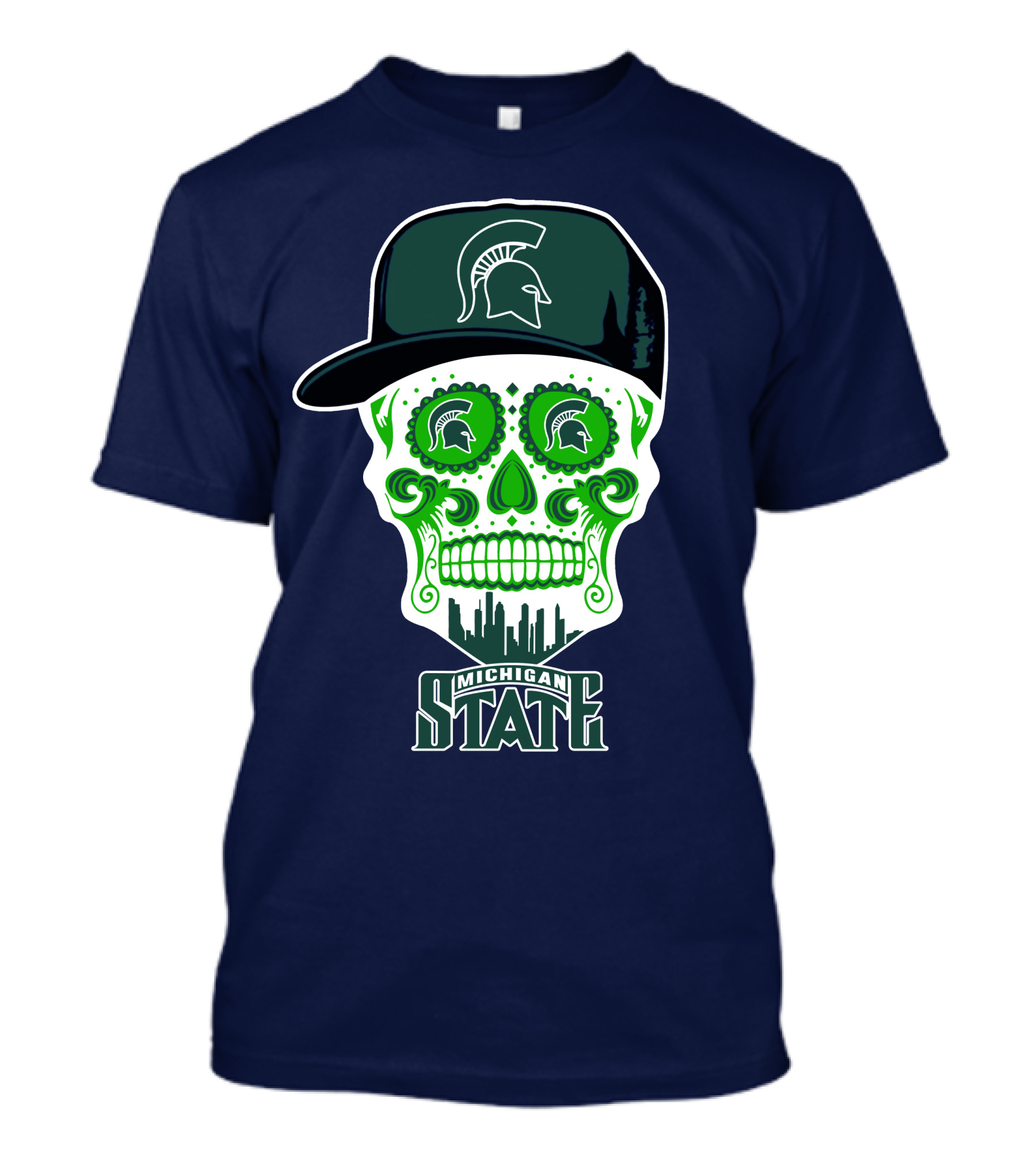 Michigan State Spartans Sugar Skull With Spartan Helmet Icon And City Skyline T-Shirt