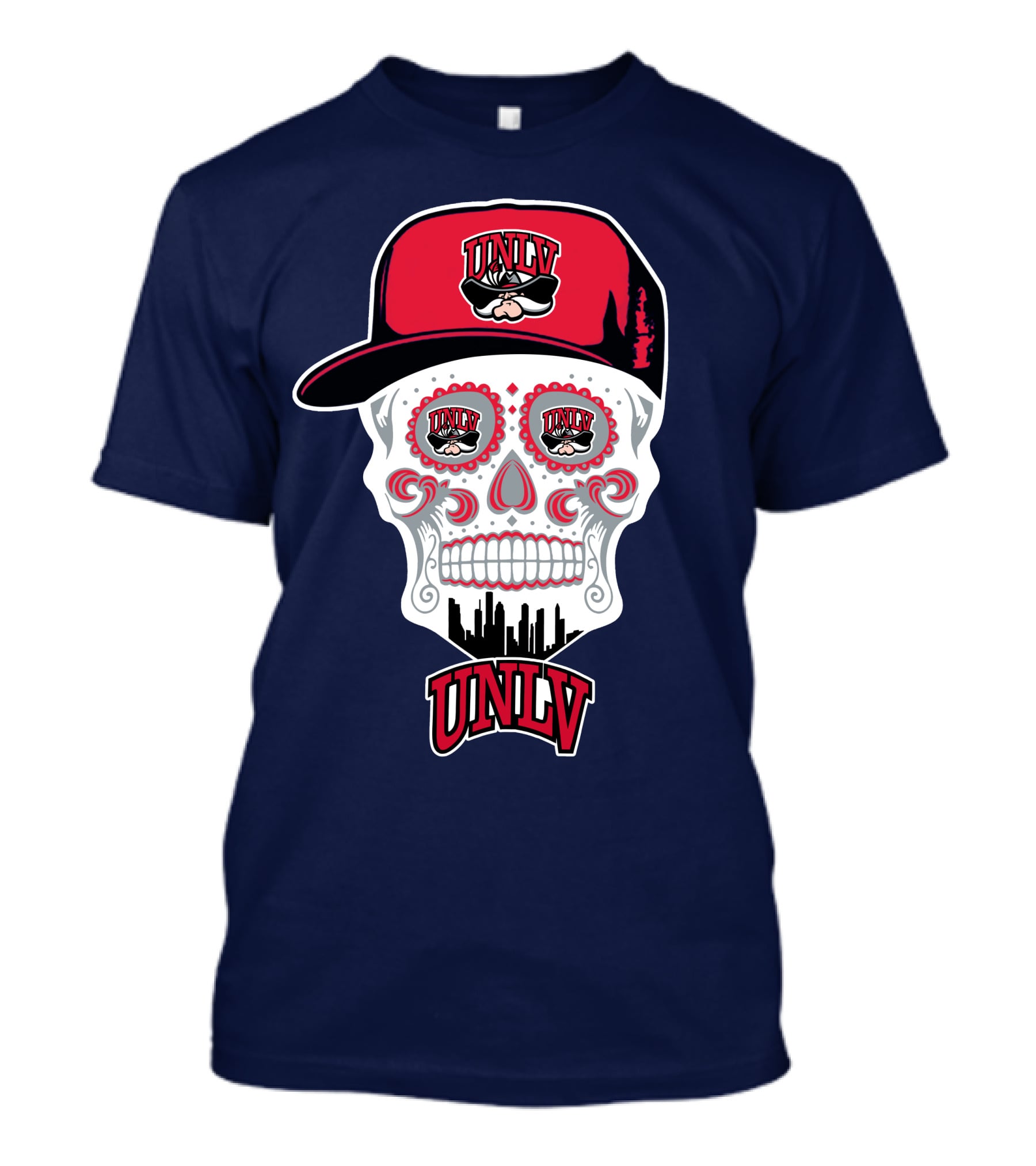 Unlv Rebels Skull With Cap Design Featuring Mascot Logo And Skyline T-Shirt