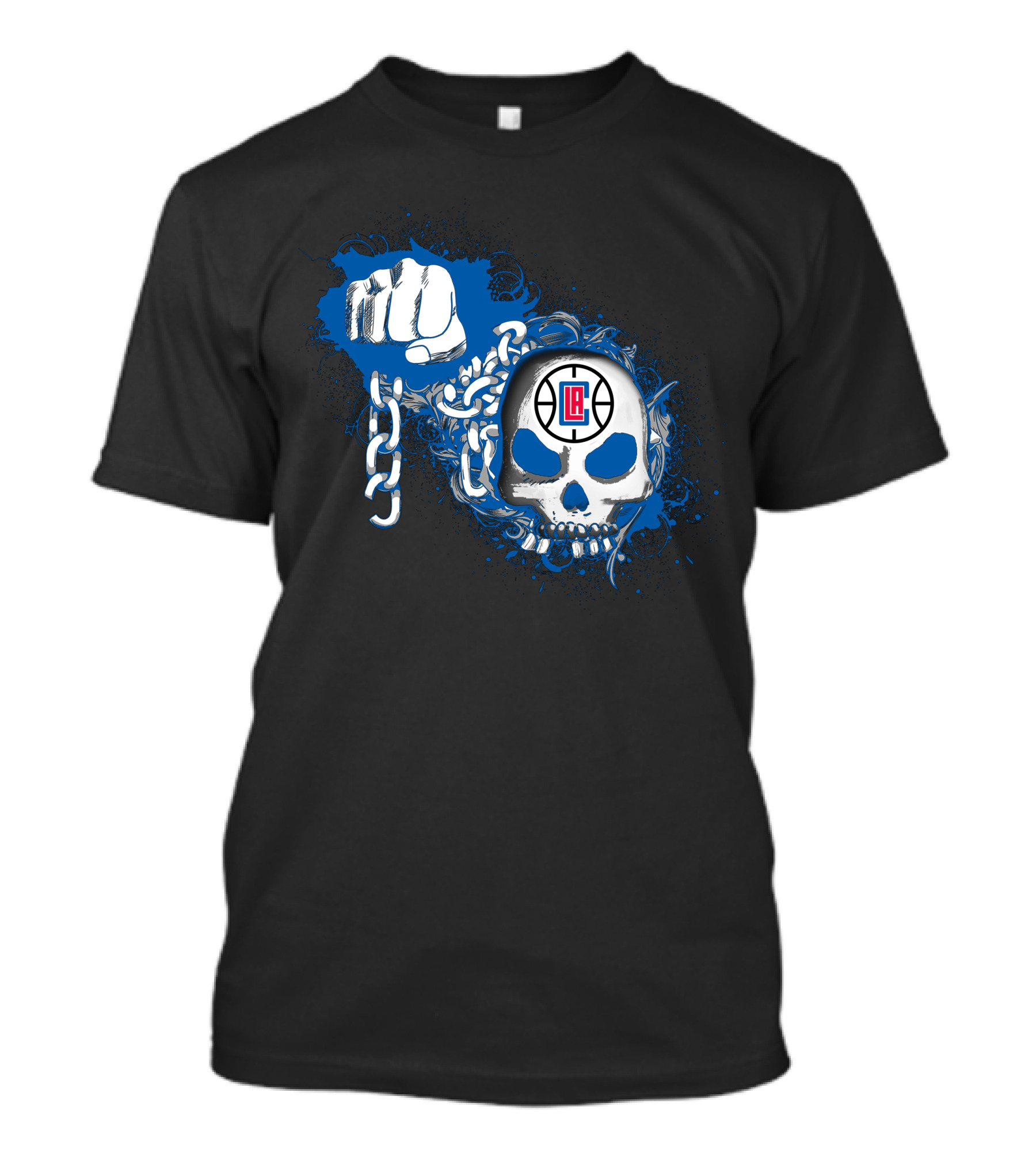 La Clippers Skull With Fist And Chains On Blue Splash T-Shirt