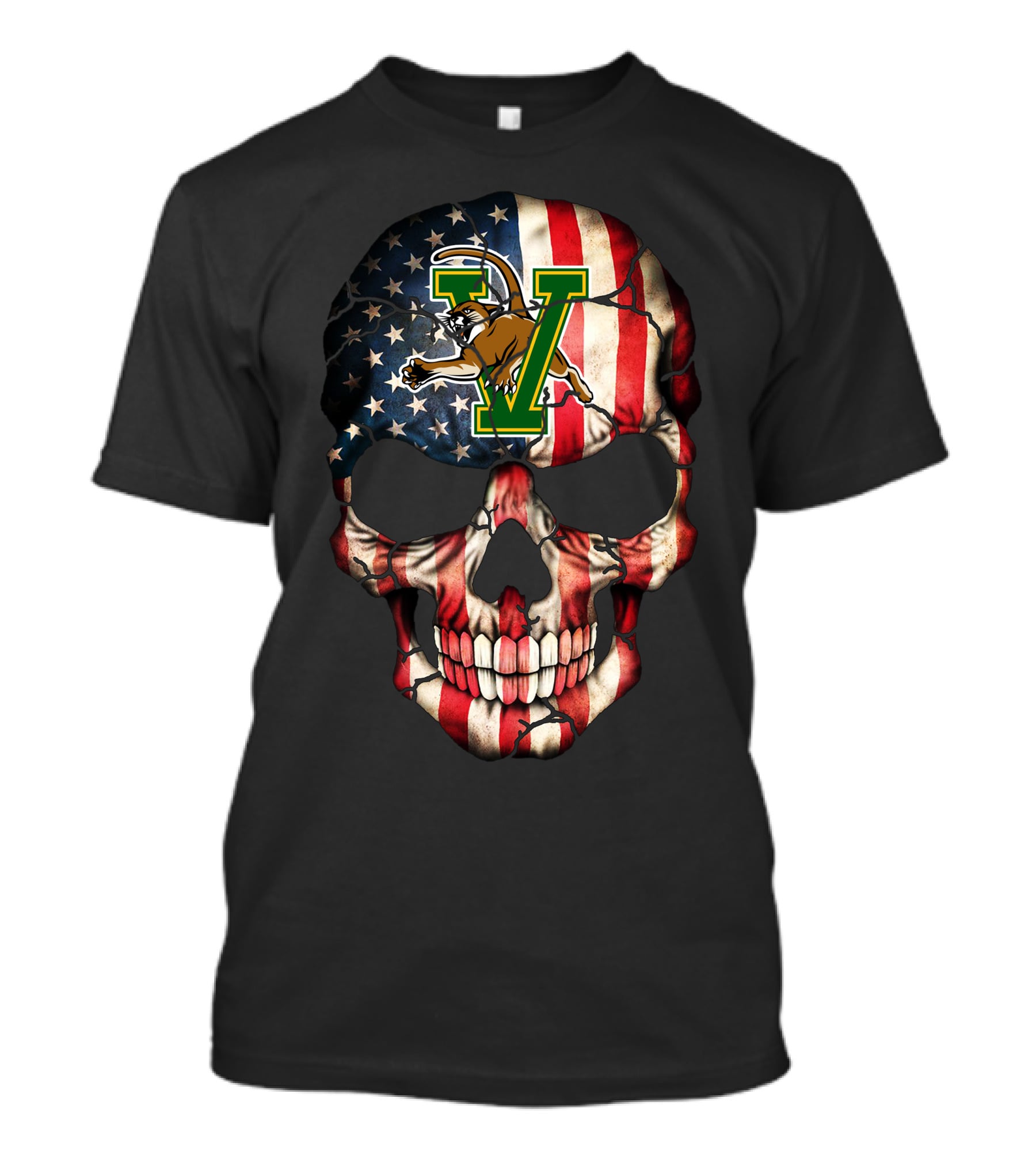 Vermont Catamounts Skull American Flag T-Shirt