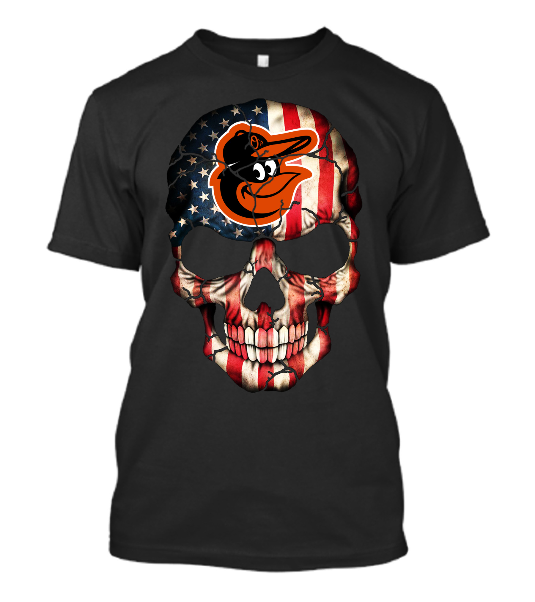 Baltimore Orioles American Flag Skull T-Shirt