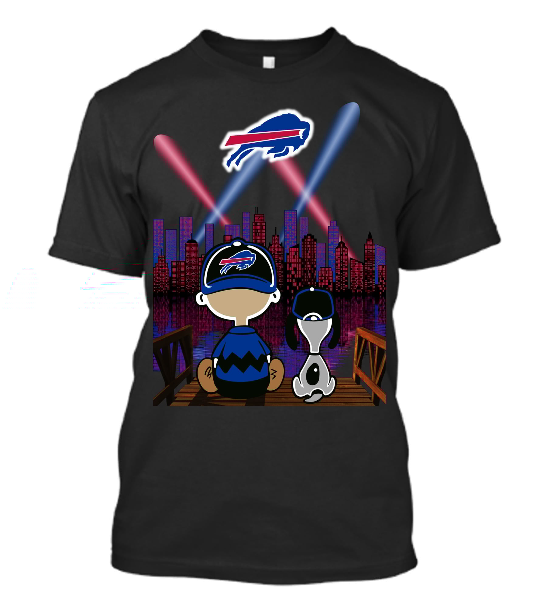 Buffalo Bills Skyline With Snoopy And Charlie Brown On A Pier T-Shirt