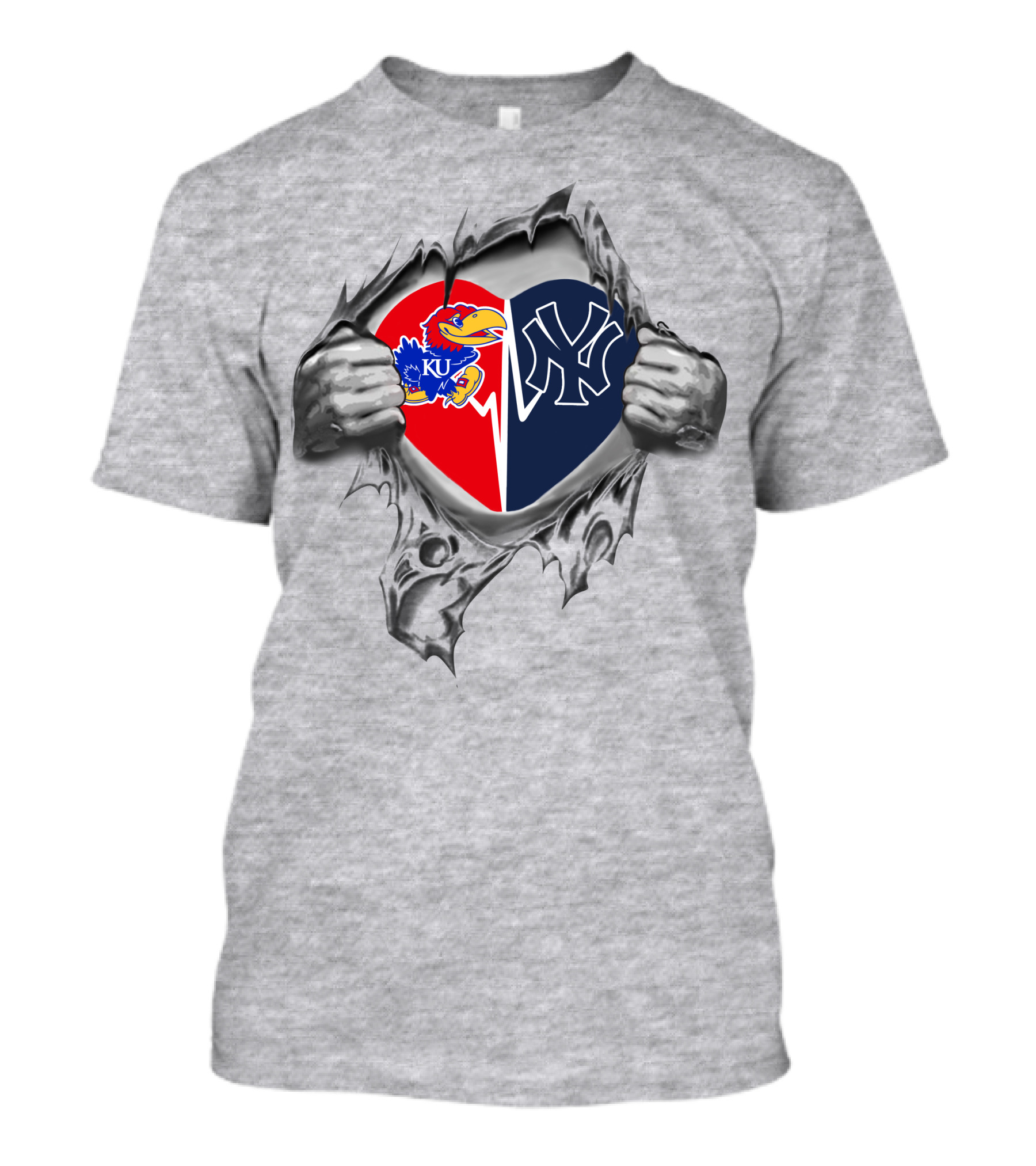 Yankees Kansas Jayhawks Heart Symbol Split T-Shirt