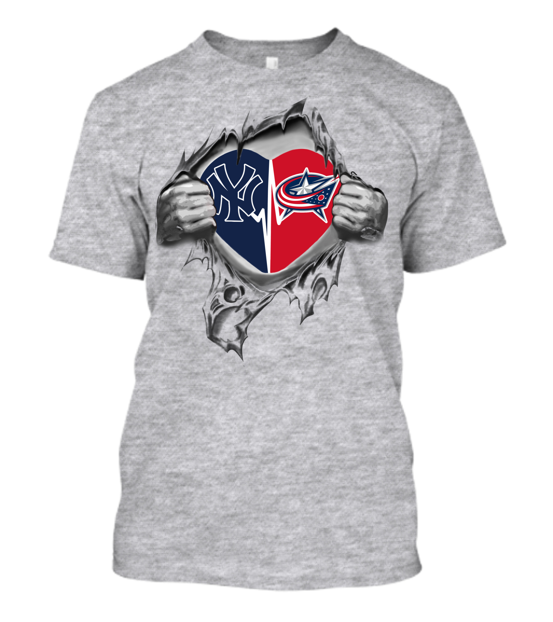 Yankees Columbus Blue Jackets Heart Logo Split With Torn Hands T-Shirt