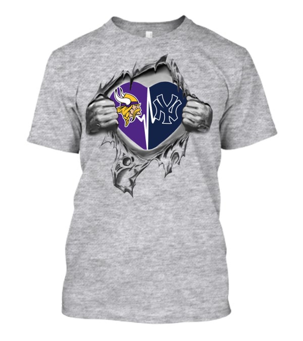 Yankees Minnesota Vikings Heart Symbol With Torn Effect And Logos T-Shirt