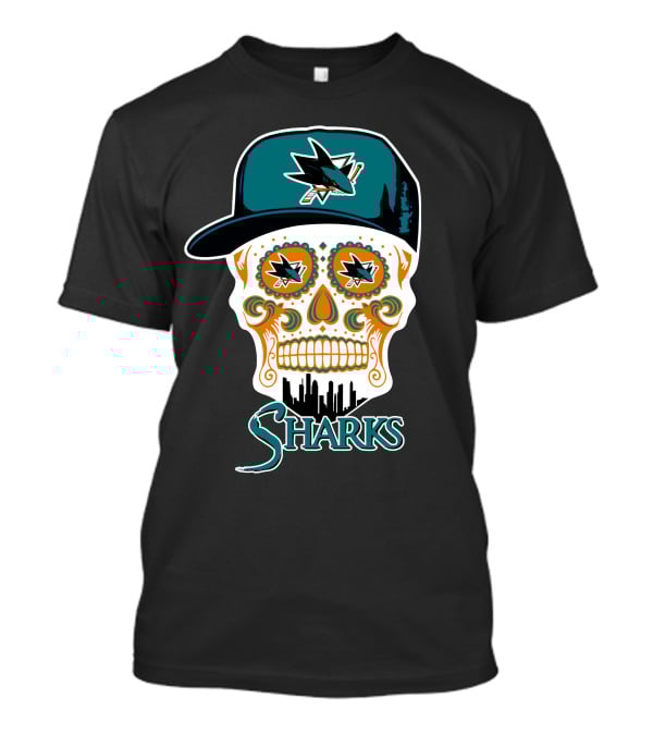 San Jose Sharks Sugar Skull Logo With Hat And City Skyline T-Shirt