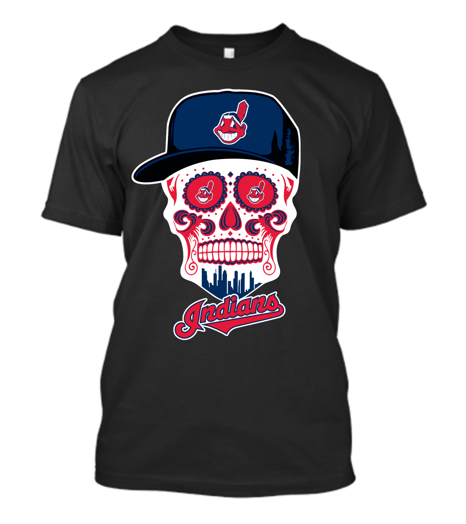 Indians Skull With Baseball Cap And Feathered Mascot T-Shirt