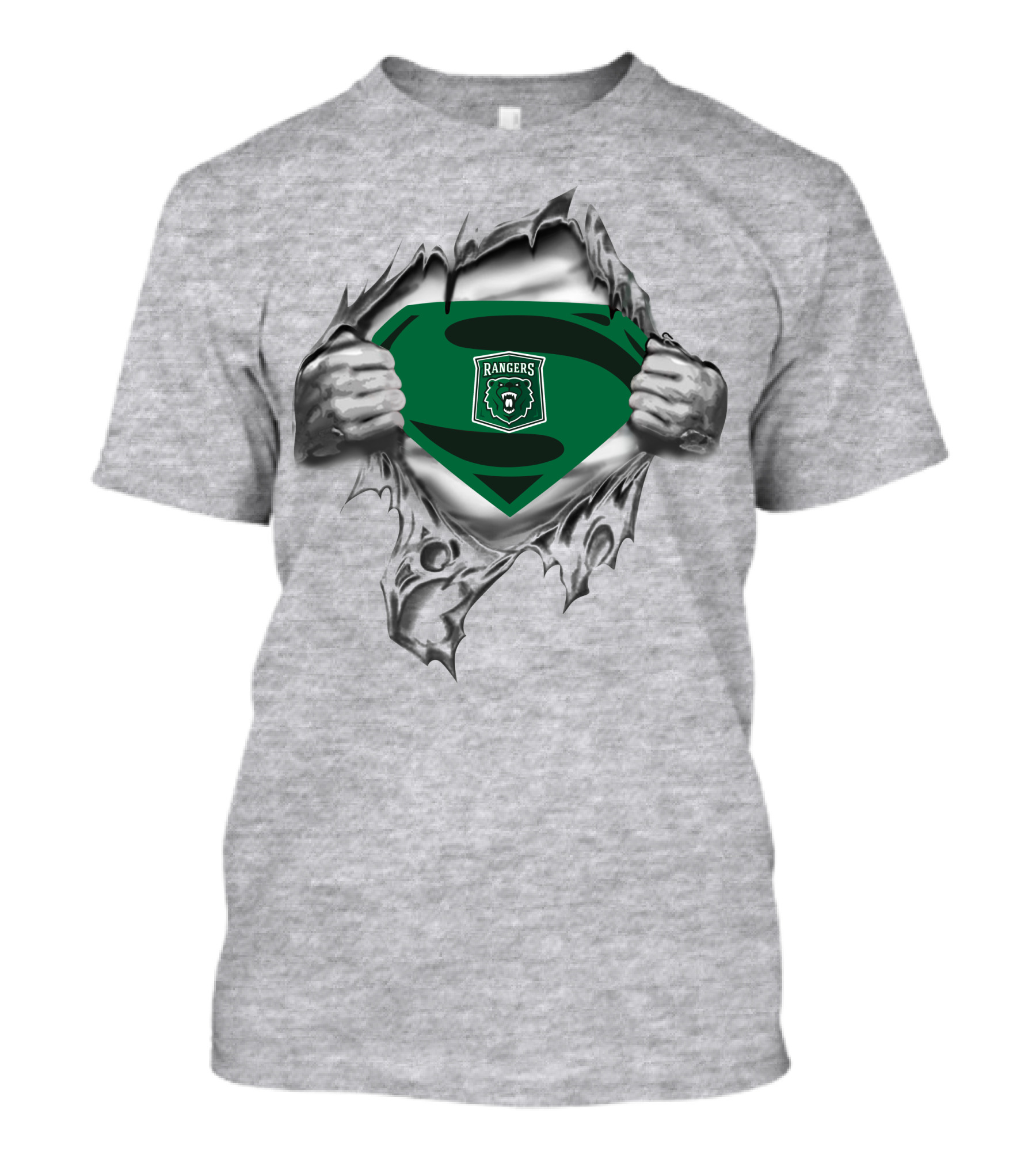 Rangers Superman Logo With Bear Emblem Design Peeking Through Torn Fabric T-Shirt