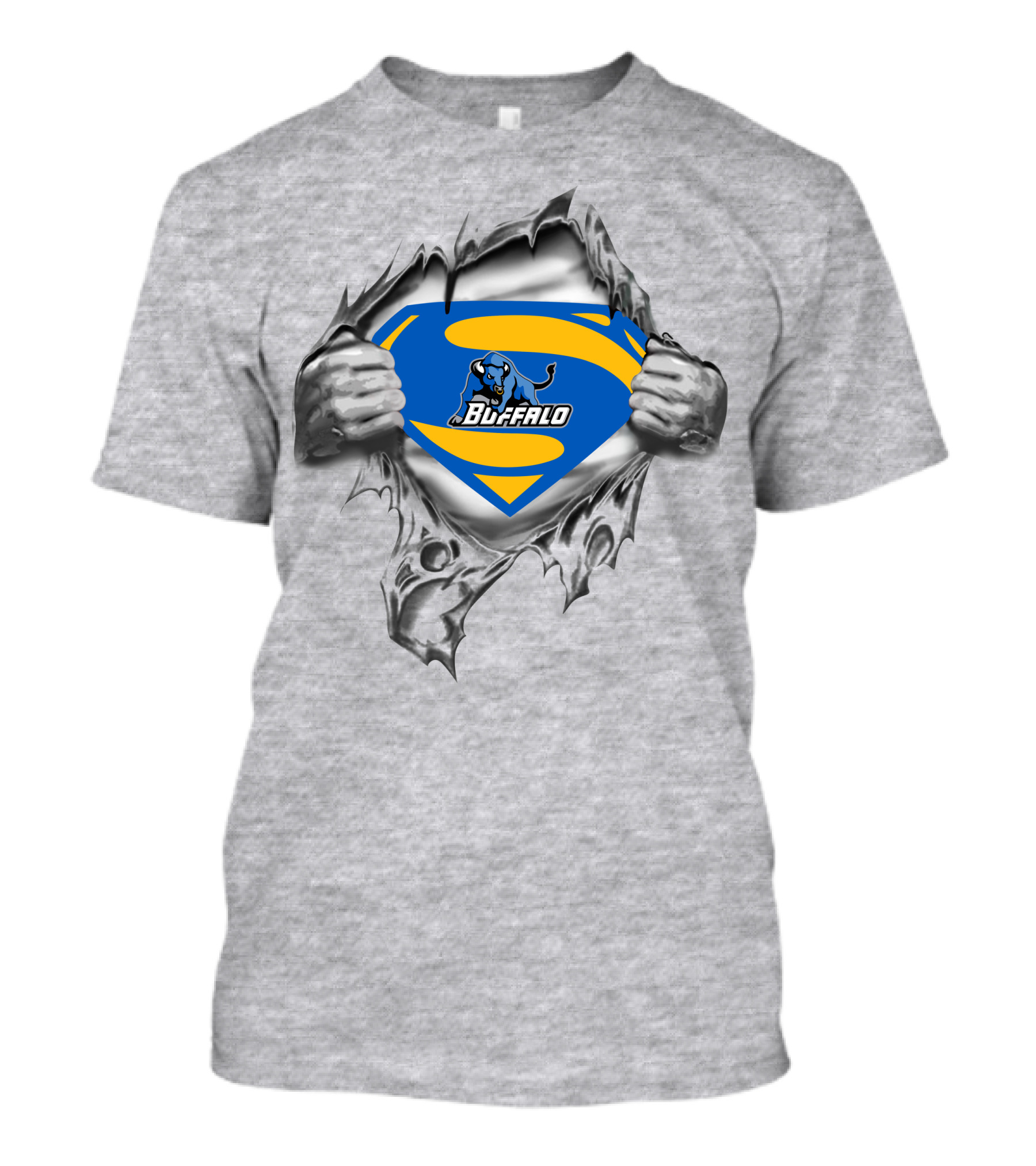 Buffalo Bulls Superman Logo With Silver Hands Tearing Through T-Shirt