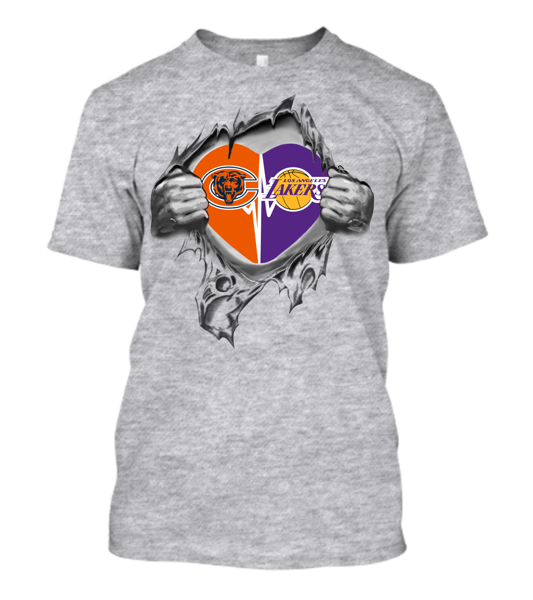 Chicago Bears Los Angeles Lakers Heart Symbol With Tearing Hands T-Shirt
