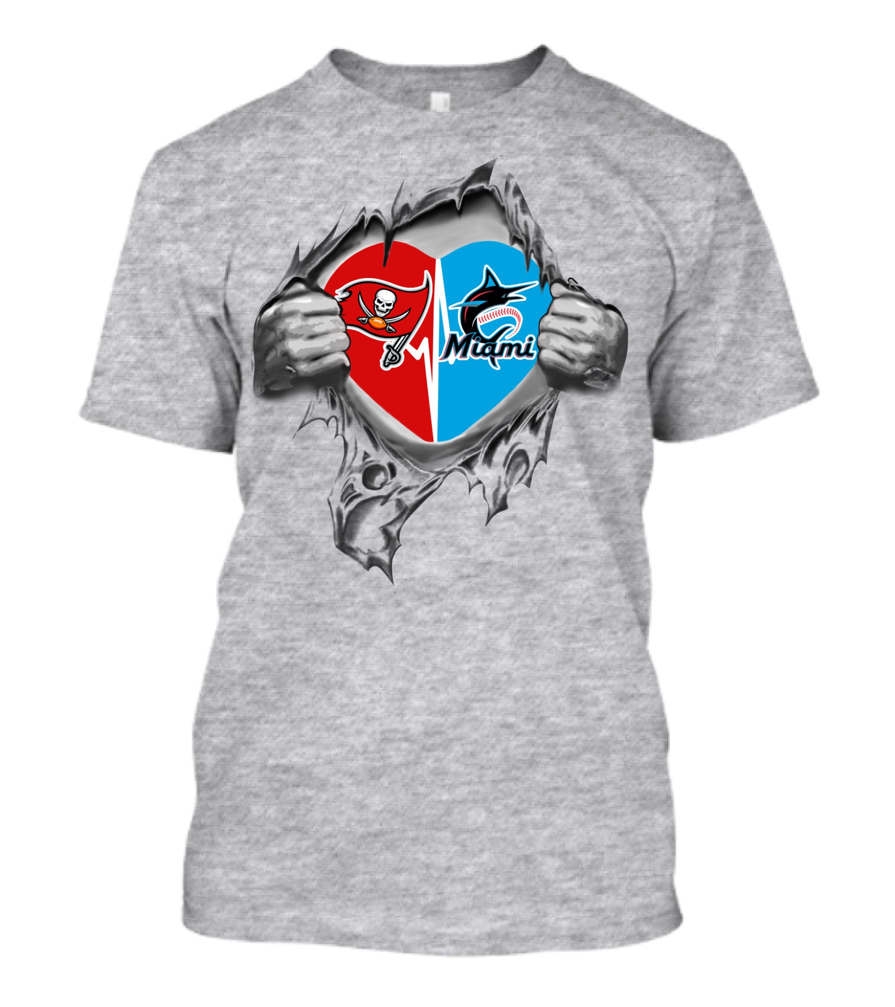 Ripped Heart Featuring Buccaneers And Marlins Logos T-Shirt