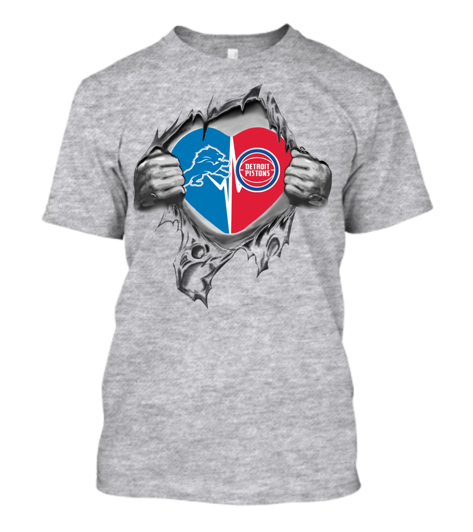 Detroit Lions And Detroit Pistons Heart Design With Hands Tearing Open T-Shirt