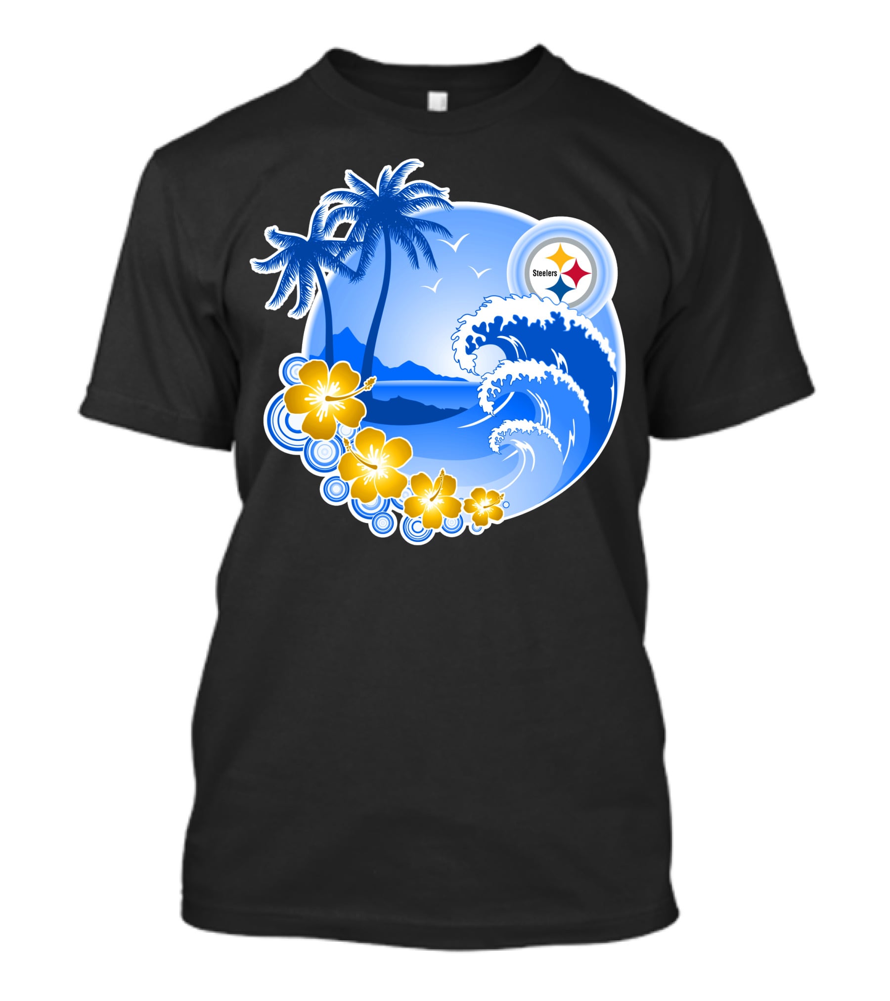Pittsburgh Steelers Happy Holidays Tropical Waves Palm Trees Flowers T-Shirt