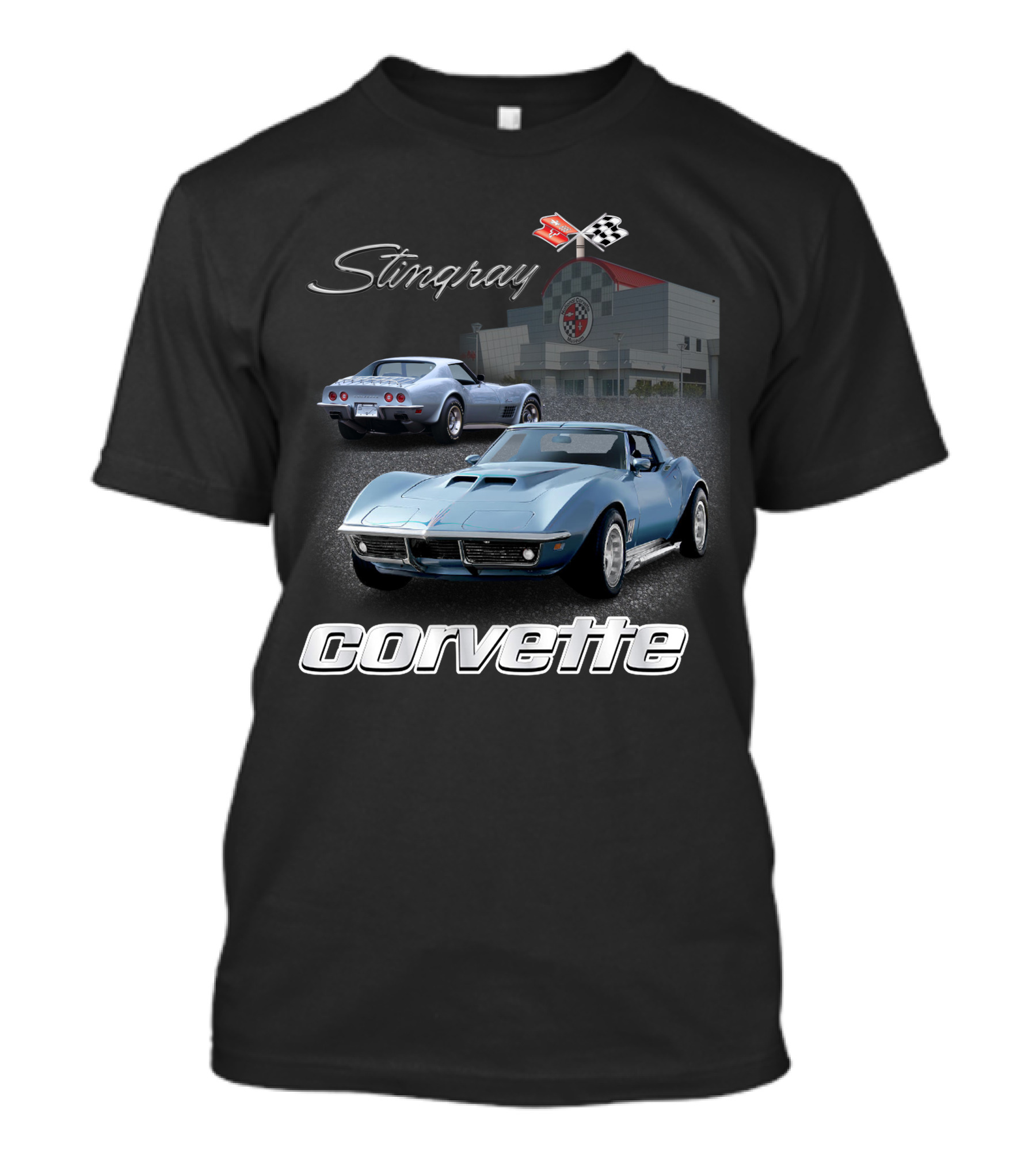 Stingray Corvette Classic C3 At Museum With Racing Flag Emblem T-Shirt