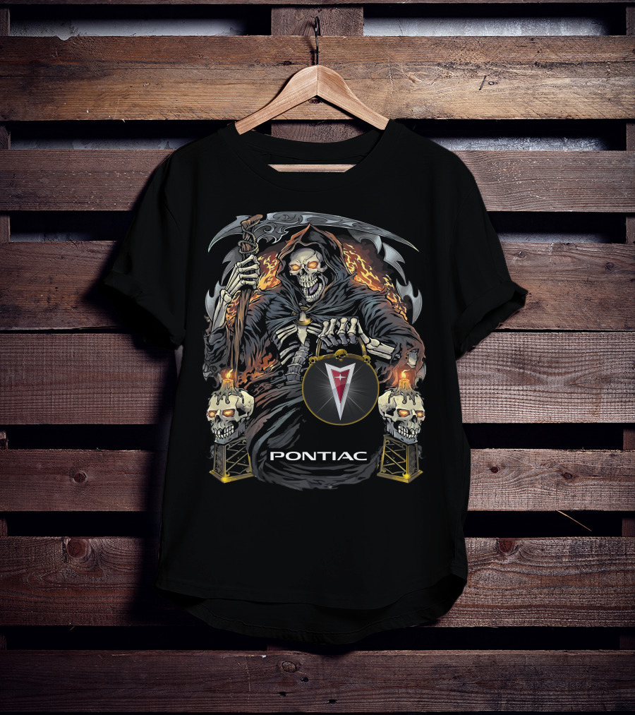 Pontiac Grim Reaper Holding Skull Flames T-Shirt
