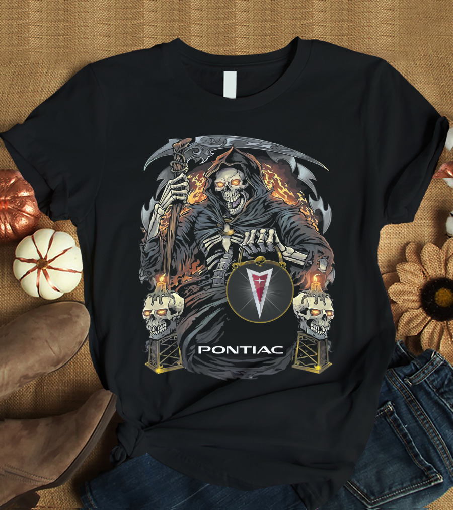 Pontiac Grim Reaper Holding Skull Flames T-Shirt
