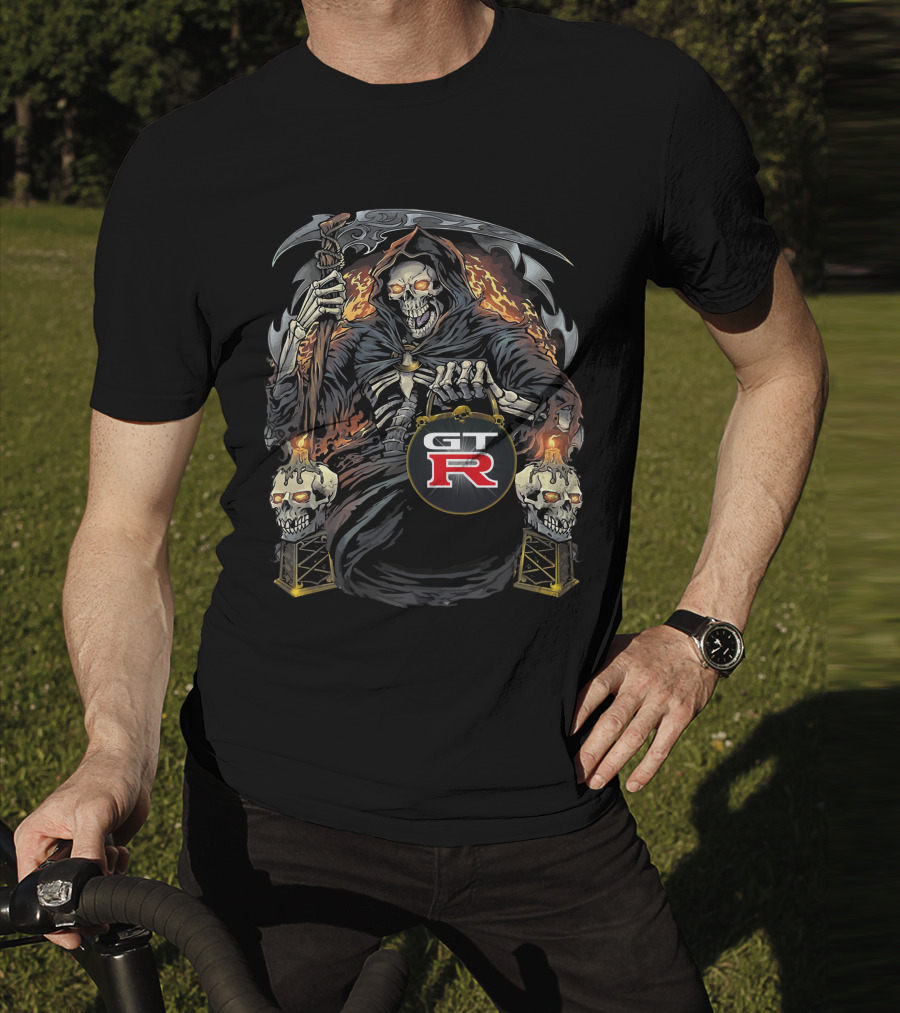 Nissan GTR01 Skeleton With Scythe And Flaming Skulls Retro T-Shirt