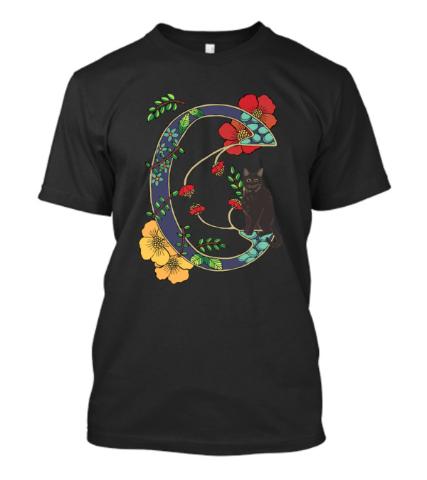 Cat Art Nouveau Animal Alphabet With Floral And Black Cat T-Shirt