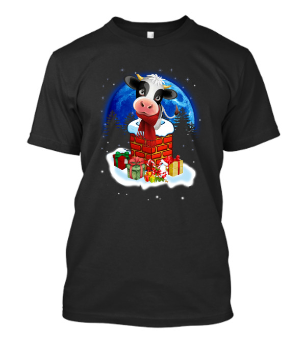 Cow In Chimney With Christmas Presents Under Moonlit Sky T-Shirt