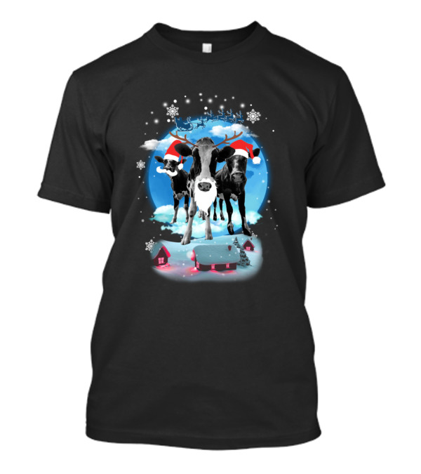 Cow Family Christmas Night On The Cloud With Santa Cows And Snowflakes T-Shirt
