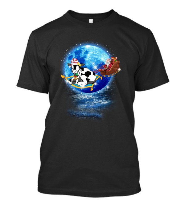 Cow Flying Carpet Santa Sleigh In The Christmas Night T-Shirt