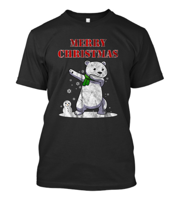 Merry Christmas Dabbing Ice Bear With Snowflakes And Snowman T-Shirt