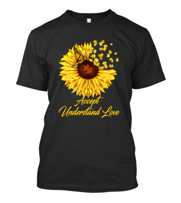 Accept Understand Love Sunflower With Puzzle And Butterfly Autism Awareness T-Shirt