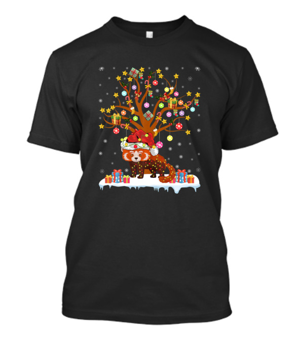 Red Panda Decorating Christmas Tree With Gifts And Stars T-Shirt