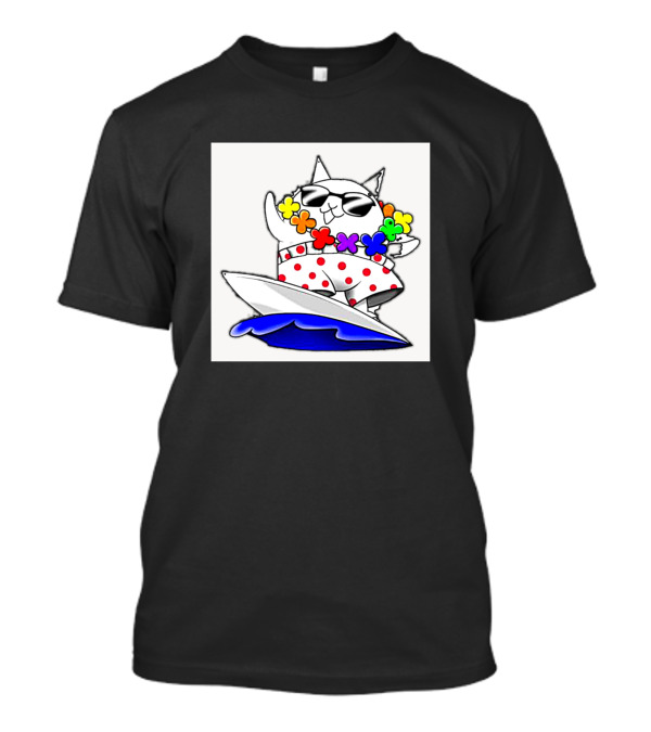Cartoon Cats Surfing Hawaiian Style With Flower Lei And Polka Dots T-Shirt