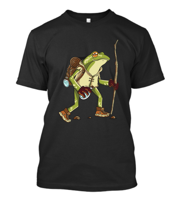 Hiking Frog With Backpack Walking Stick Adventure T-Shirt