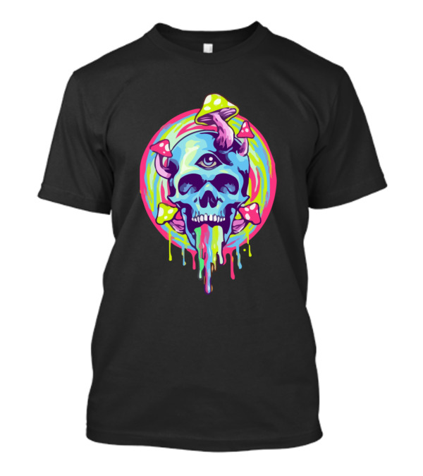 Skull Magic Mushroom Psychedelic Third Eye Trippy Colorful Dripping T-Shirt