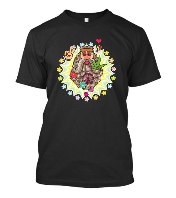 Old Hippie Peace Sign Psychedelic Flowers Headband Bearded Face T-Shirt