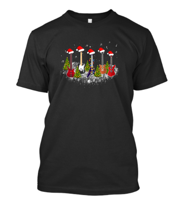 Funny Christmas Guitar Tree With Santa Hats And Music Notes T-Shirt