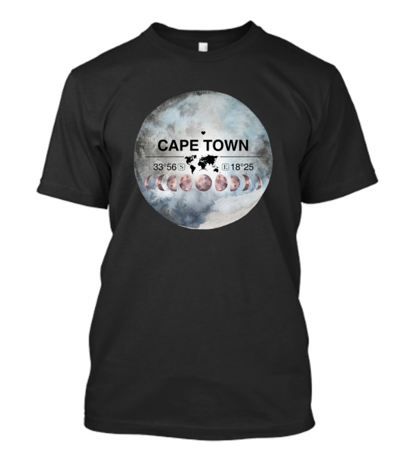 Cape Town South Africa Western Cape Watercolor Des Coordinates Moon Phases World Map T-Shirt