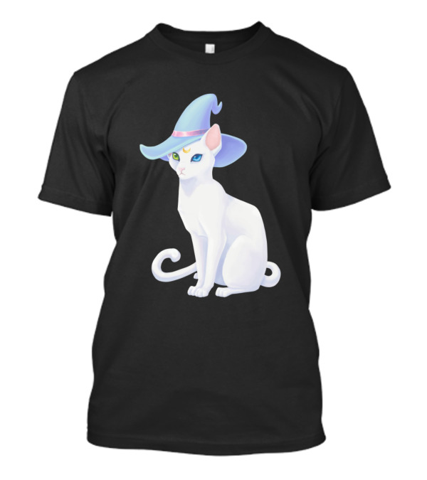 White Cat Witch With Blue Wizard Hat And Crescent Moon T-Shirt