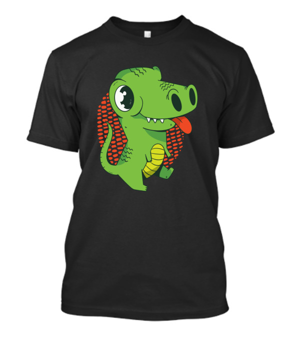 Playful Green Baby Dinosaur With Red Pattern Background T-Shirt