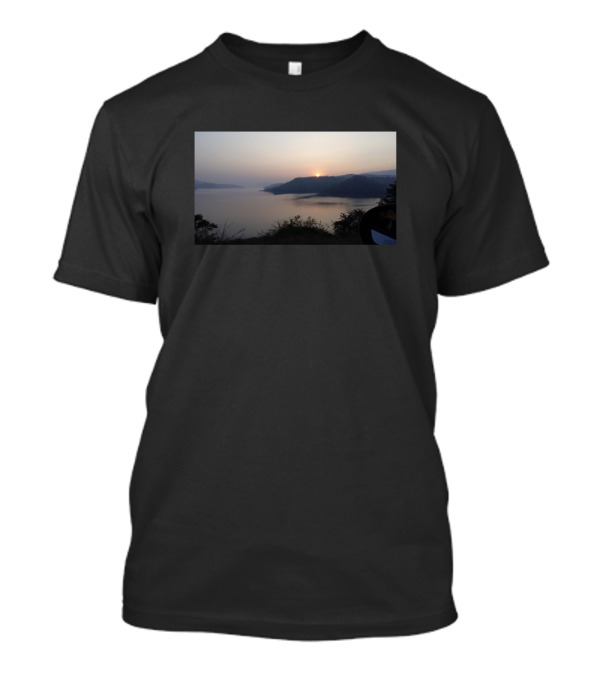 Sunset Over Serene Lake With Silhouetted Hills And Orange Glow T-Shirt