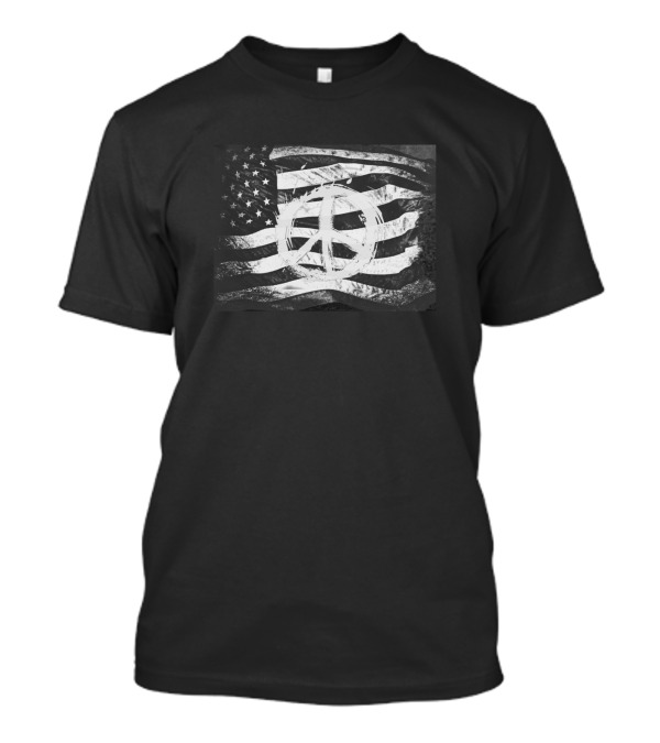 Hippie Rustic Peace Sign On Black And White US Flag T-Shirt