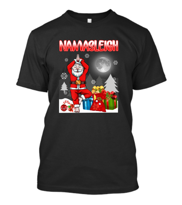 Namasleigh Santa Claus Yoga Gifts Snowy Christmas Scene T-Shirt