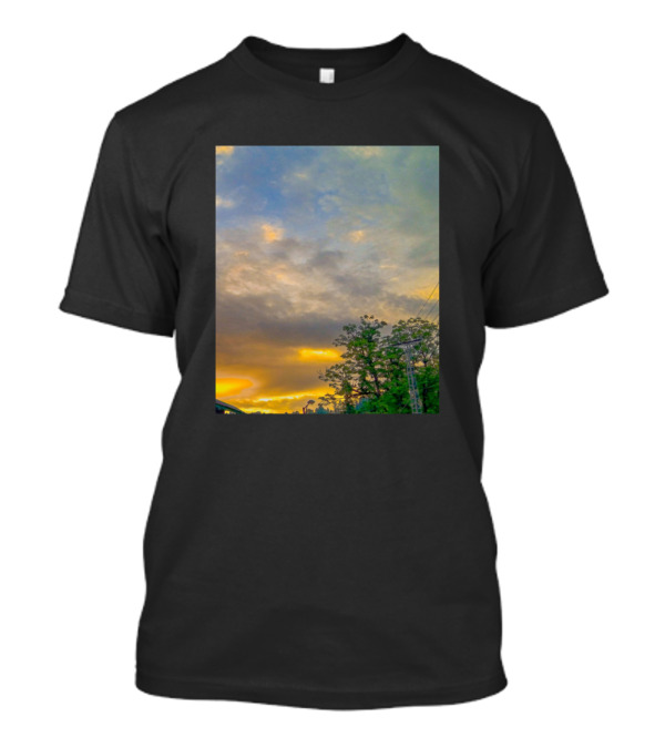 Blue And Yellow Summer Sunset Scenic View With Puffy Clouds And Verdant Trees T-Shirt