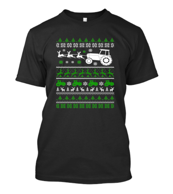 Tractor And Reindeer Holiday Pattern With Snowflakes And Trees T-Shirt
