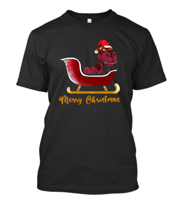 Merry Christmas Festive Trex In Sleigh With Santa Hat T-Shirt