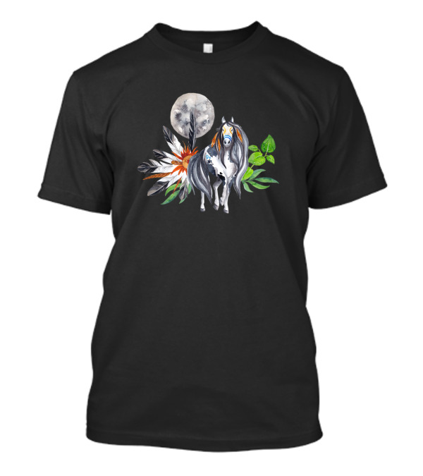 Native American Horse Moon Feather Leaves Collage T-Shirt