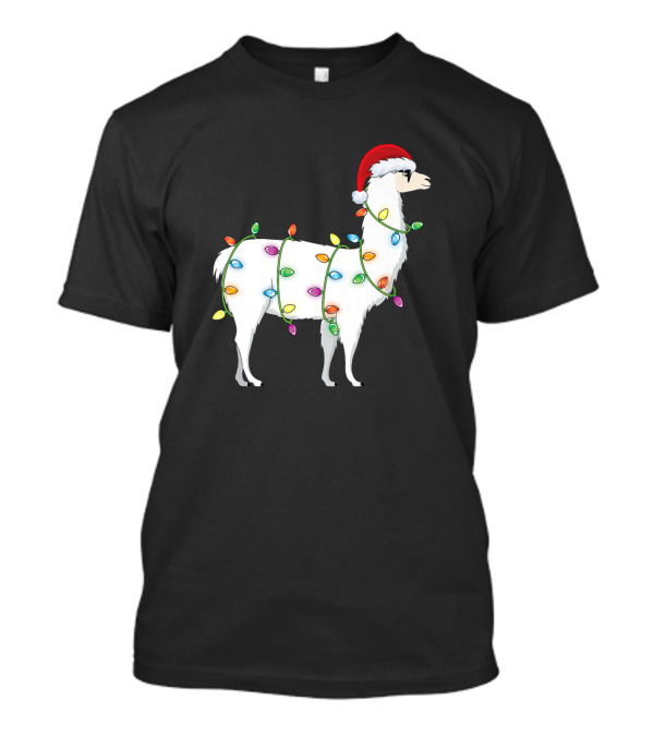 Merry Christmas Tree Lights Llama Santa Hat T-Shirt