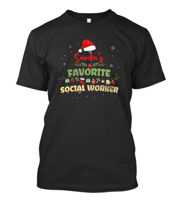 Santa's Favorite Social Worker Christmas Theme With Santa Hat And Holiday Decor T-Shirt