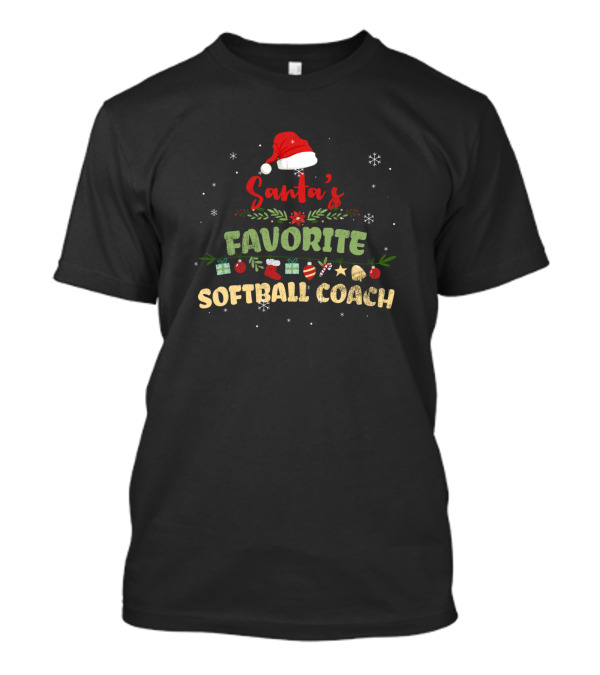Santa's Favorite Softball Coach With Festive Christmas Icons T-Shirt